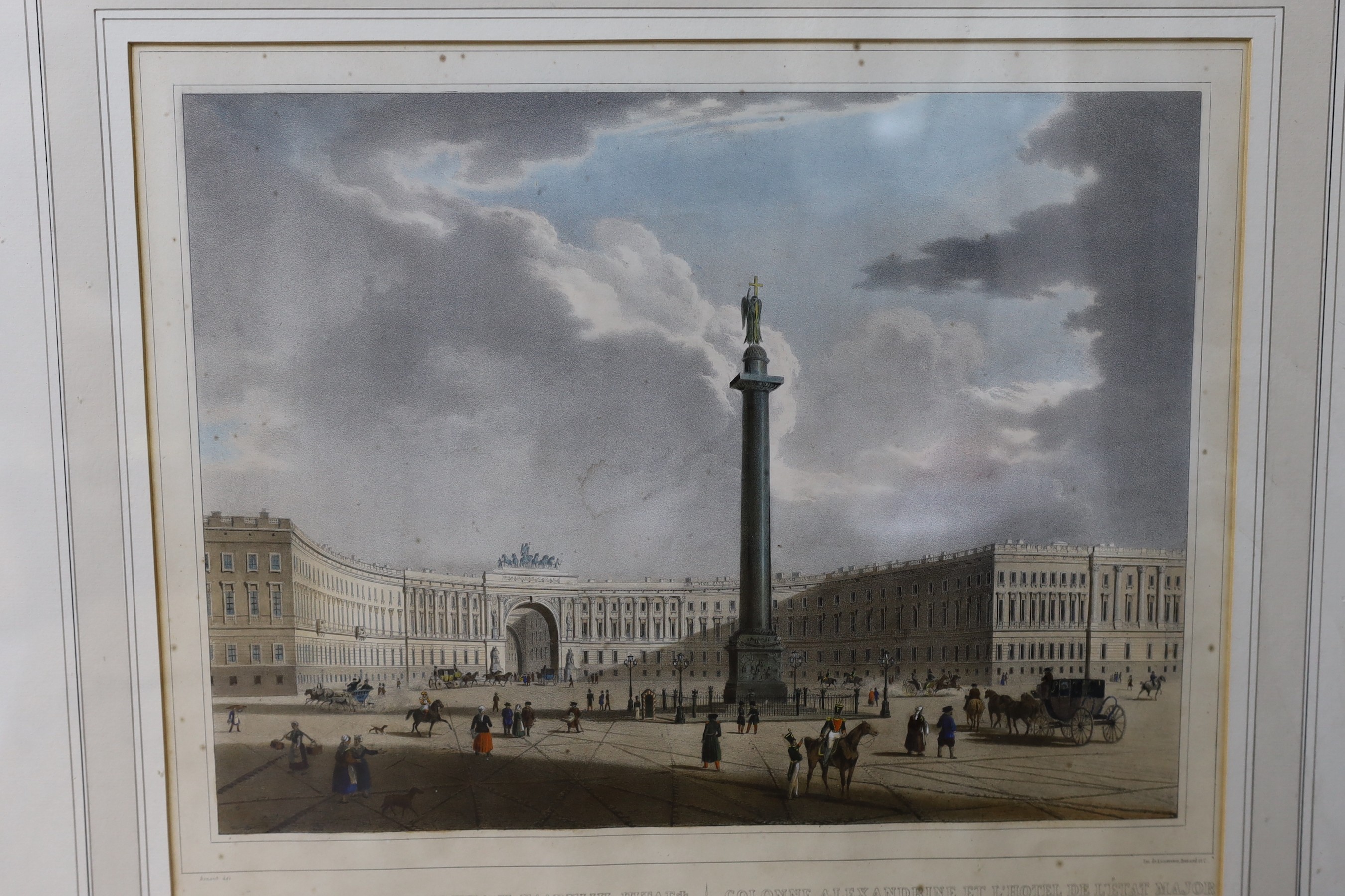 Pelvilain after Palliere, pair of coloured lithographs, 'El Asado' and 'El Corral' (Argentina) and two coloured engraved views of St Petersburg after Arnout, largest overall 29 x 34cm